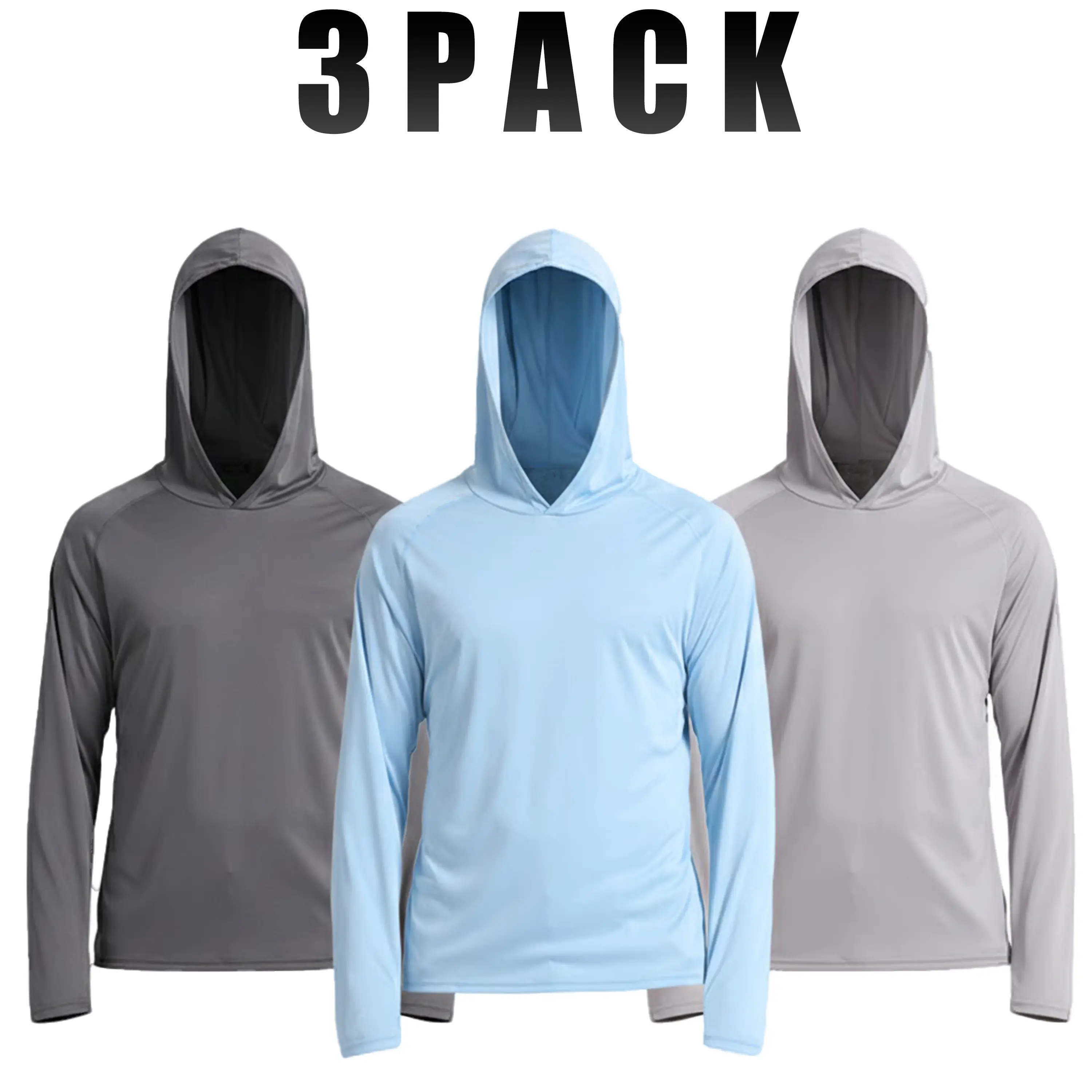 Men's 3 Pack UPF 50+ Sun Hoodie, Quick-Dry Long Sleeve Polyester Athleisure Shirt with Thumb Holes for Fishing & Hiking, Athletic Clothing, Dry Quickly, Male, Universal, Outdoor Sports, Thumbholes, All Seasons, Fitted