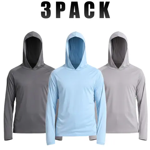 Men's 3-Pack UPF 50+ Sun Hoodie Rashguard, Quick-Dry Polyester Athletic Clothing, Long-Sleeve with Thumb Holes, Fitted Cut, Breathable All-Seasons Outdoor Apparel for Fishing, Hiking, Jogging
