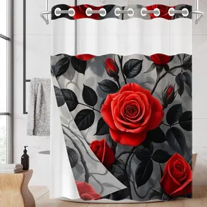 1pc 2D Flat Printing hookless shower curtain hanger liner Red Roses with Black Leaves Painting Fabric waterproof lining shower curtain with transparent window, double-layer shower curtain, 71 x 74 inches, modern home curtain decoration