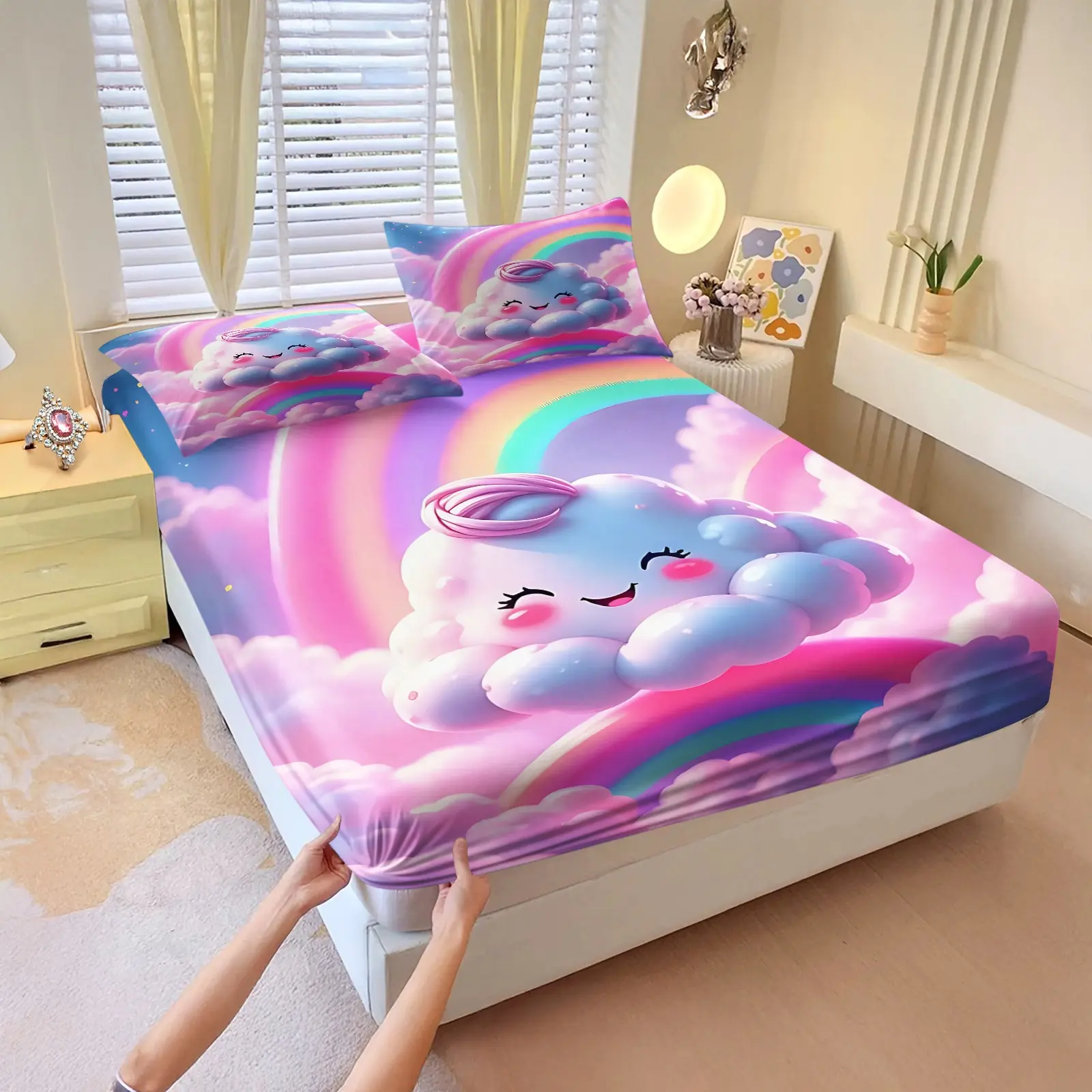 A Three Piece Cartoon Cloud Rainbow Dopamine Macaron Style Themed Bed Sheet Set,Soft Cute Personified Clouds Core Pattern,Gradient Rainbow Dreamy Colors,Girls' Hearts Children'S Rooms Cute Style,Warm Dreamy Cute Theme Soft,1/2 Pillowcases,No Pillow Core