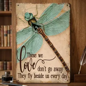 Vintage-Style Dragonfly Metal Signboard Wall Hanging, Simple Tranquil Home Decor Plaque with "Our Loved Ones Will Never Leave" Slogan, Suitable for Indoor-Outdoor Use in Bedrooms, Living Rooms