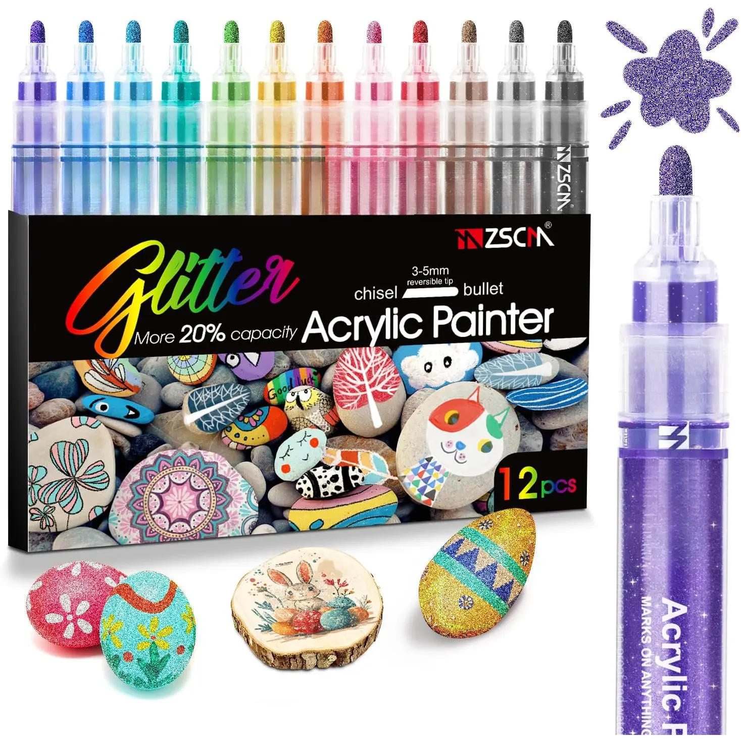 12 Colors  Glitter Markers Pen, Medium Tip Metallic Shimmer Glitter Markers, Water-based Ink Glitter Pens for Adults DIY Rock Glass Ceramic  Canvas Art Supplies Crafts Gifts 4-16
