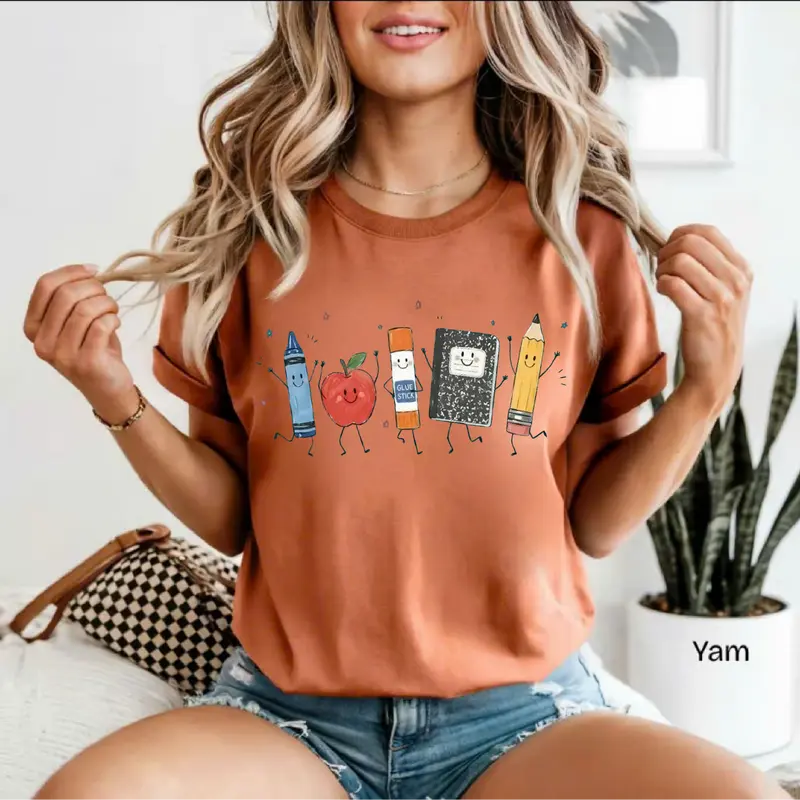 Women's Soft Comfort Colors Cotton Crew Neck Fitted Half-Sleeve T-Shirt - Cute Retro Vintage Everyday Chic Top with Fabric Crayon Pencil Notebook Design, Split Back-to-School Basic Casual Teacher Gift
