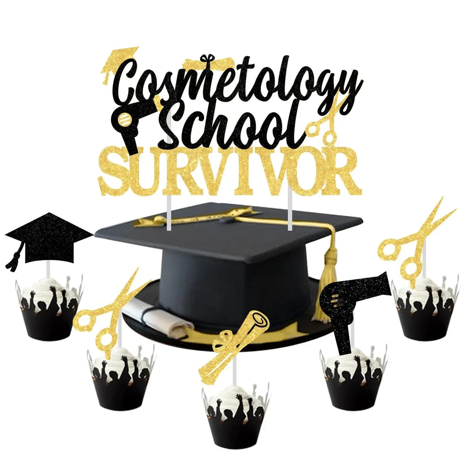25PCS Grad Cap Cake Topper, Congrats Cosmetology Cake Topper with Cosmetology School Survivor 2026 Theme Black Barber Cupcake Toppers Party Decoration