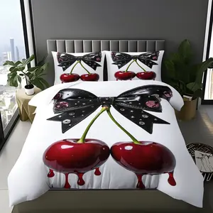 Gothic Cherry Bow Print Duvet Cover Set, Y2K Aesthetic Comforter Cover, 1 Duvet Cover and 1/2 Coreless Pillowcases, Teen Girls Bedroom Decor