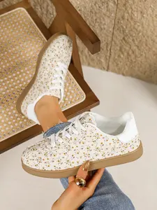 🌸Cute Floral Print Low-Top Sneakers, Women's Daily Casual Shoes, Sports Shoes, PU Leather, Round Toe, Sporty Style, All Seasons, Spring Summer
