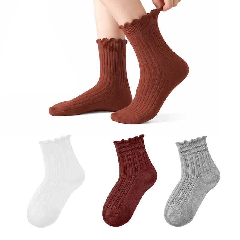 wernies Ruffle Socks Womens 3 Pairs，Cute Ankle Lettuce Edge Frilly Crew Socks, Lettuce Edge Frilly Crew Socks，Size 5-12, Seamless, Lady, Comfortable, Stretchy, Breathable, Casual, Ankle Socks