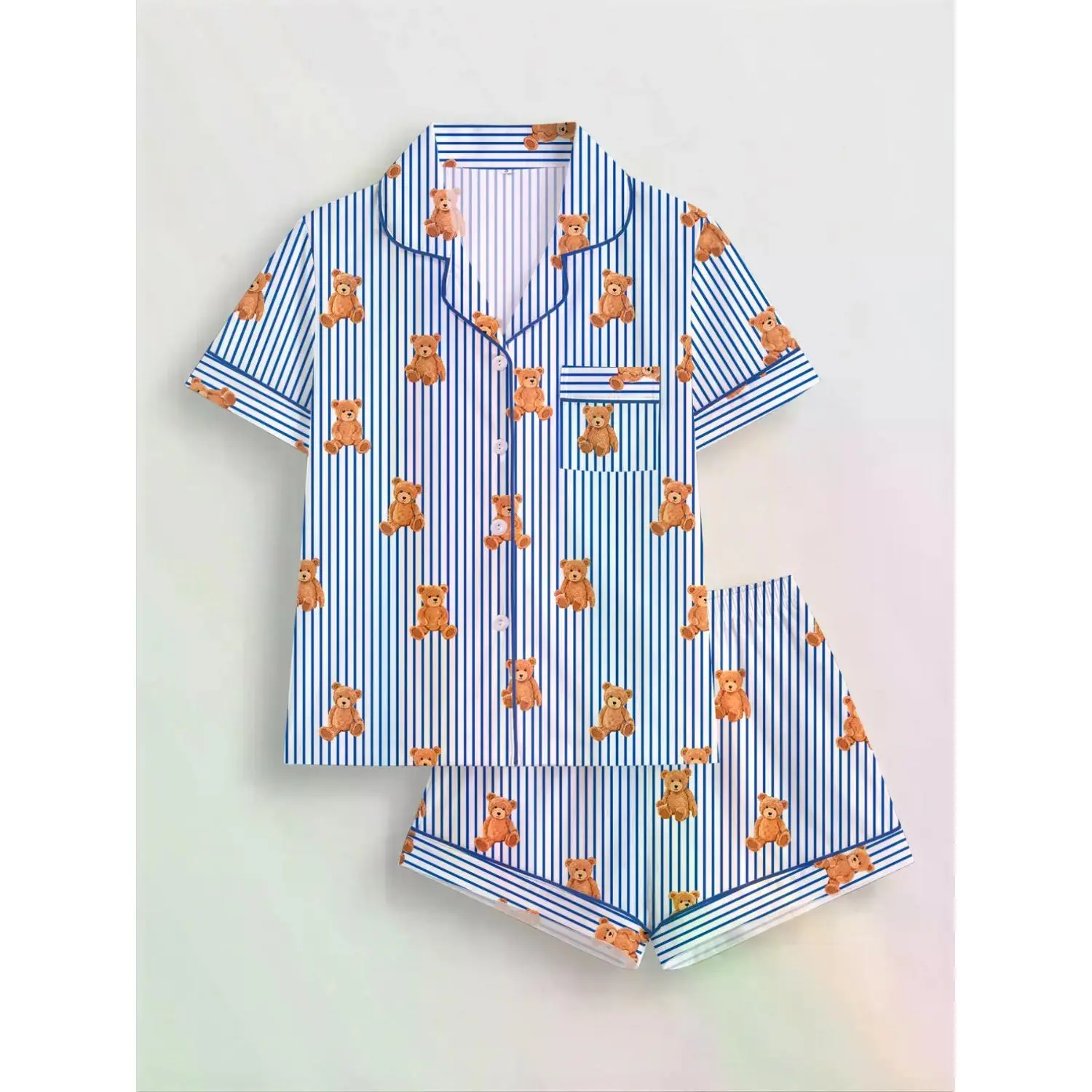 Bear Print Women's Pajama Set - Short Sleeve Button-Up Top & Elastic Shorts, Comfortable All-Season Sleepwear, Casual Home & Loungewear with Striped Details