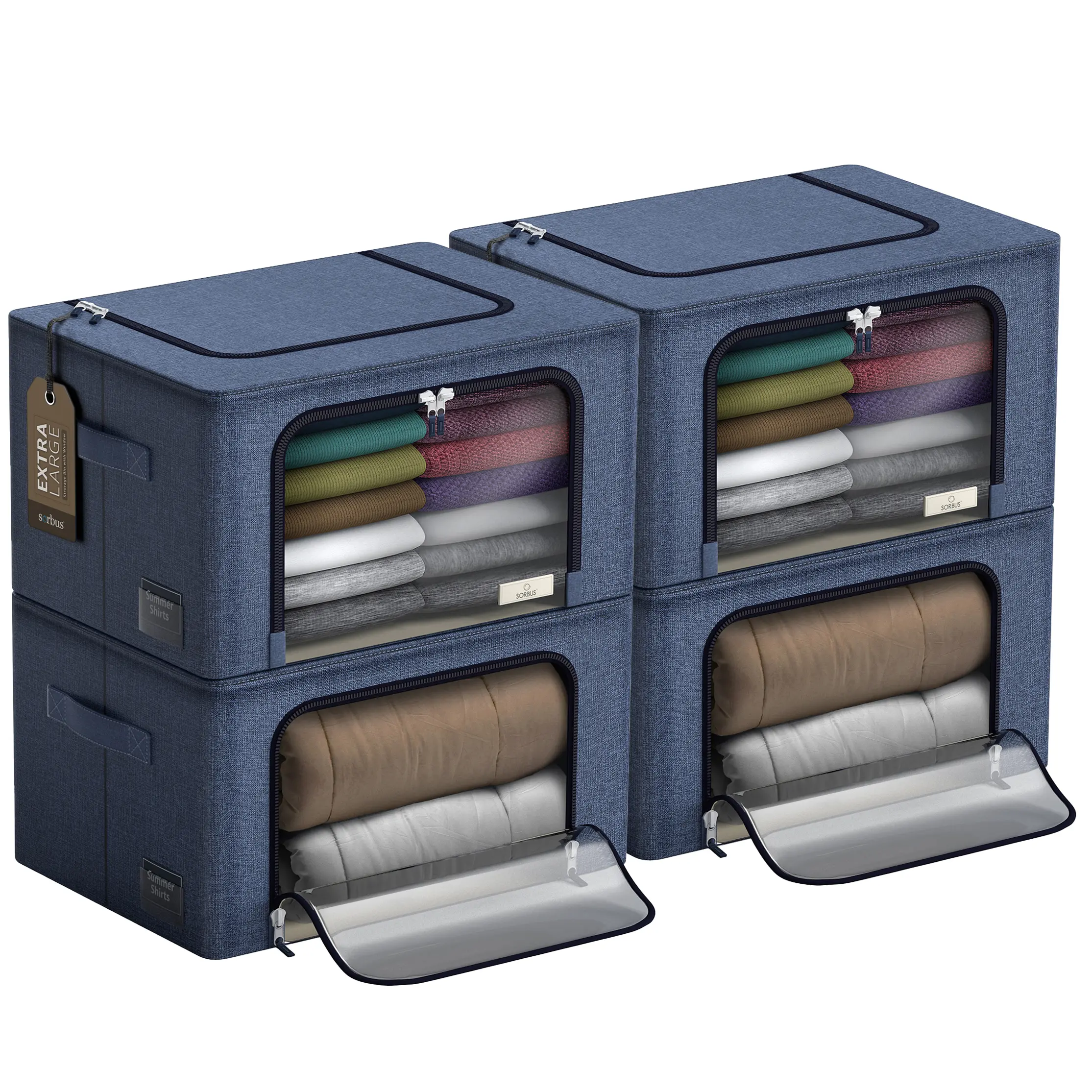 Sorbus Jumbo Storage Bins with Metal Frame - Oxford Fabric Storage Containers with Large Clear Window & Carry Handles - Boxes Organiser Household Pack