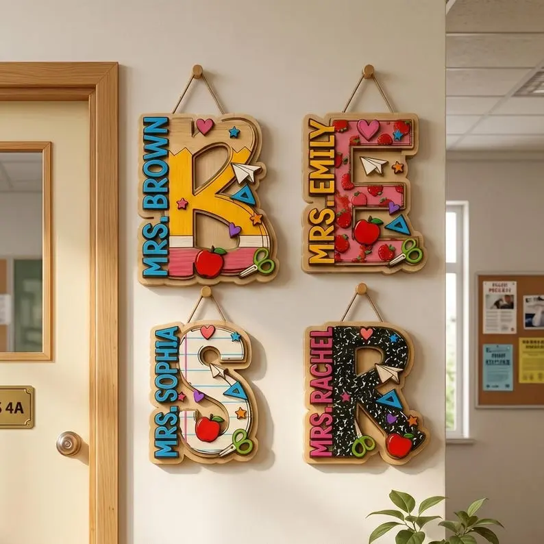 Personalized Alphabet Teacher Door Hanger, Back To School Teacher Gift, Teacher stuff, Custom Pencil Classroom Sign, Classroom Decoration, Custom Name Hanger