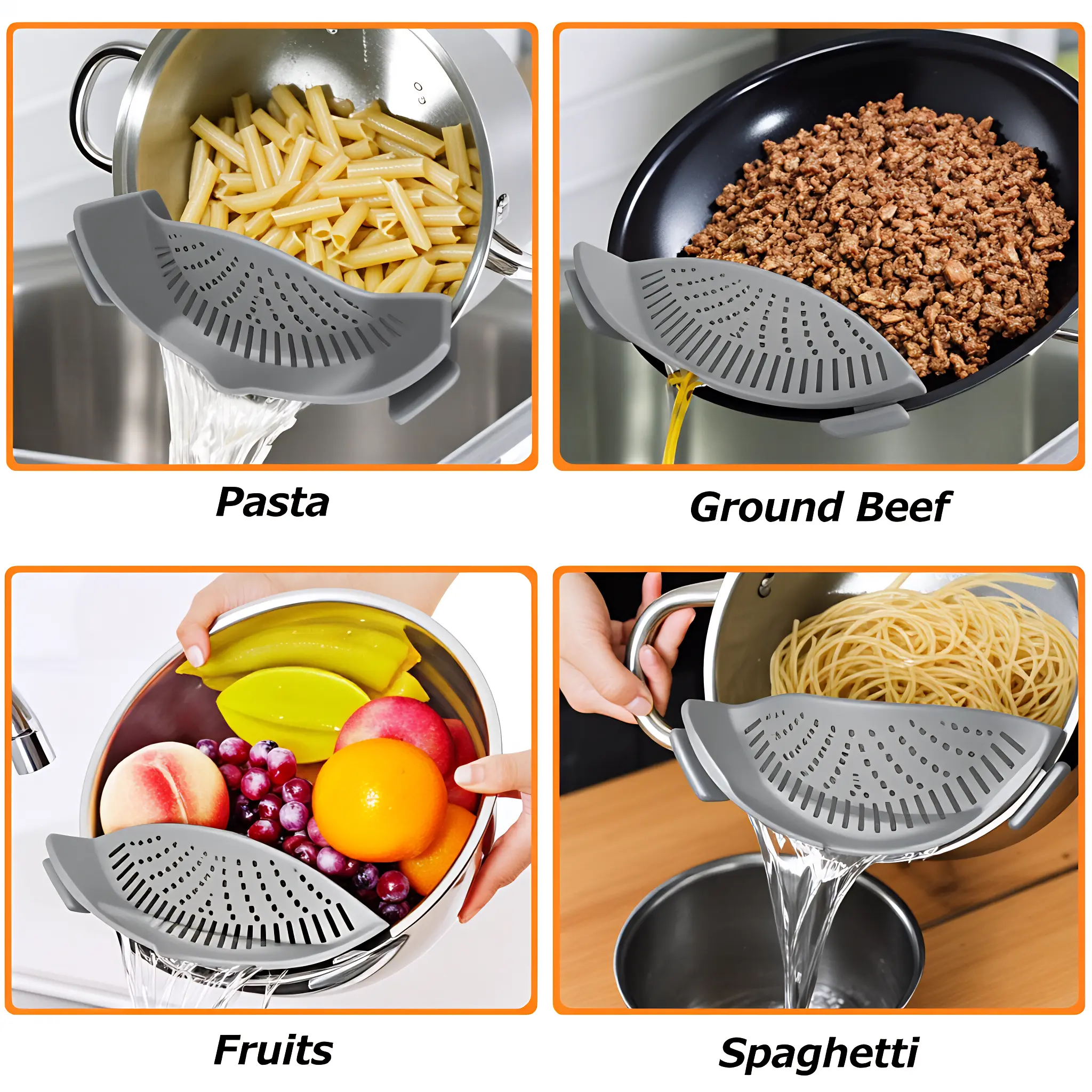 Silicone Clip-On Pasta Strainer - Sturdy, Flexible Kitchen Cooking Accessories, Heat-Resistant Strainer Utensils for Pots, Pans, Noodles, Space-Saving Gray Colander Gadget