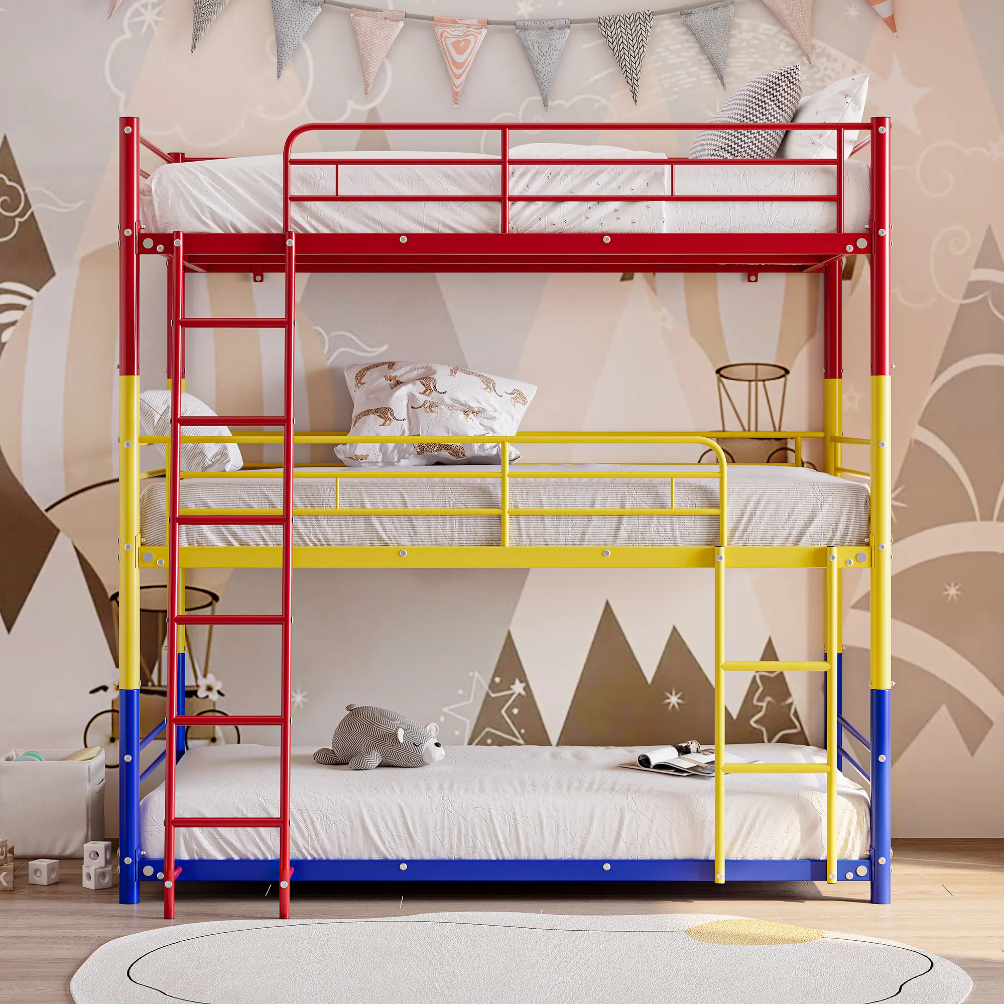 Triple Twin Bunk Beds, Twin Over Twin Over Twin Heavy Duty Metal Bunk Bed Platform Frame for Kids, Metal 3 Bed Bunk Beds with Guardrails, Ladder & Storage, Easy to Assemble