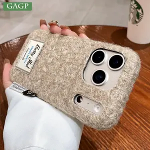 Warm Plush Fluffy Lable Phone Case For iPhone 17 16 Pro 14 13 15 Pro Max Cover Soft Fuzzy Maillard Color Fur Embroidery Cover