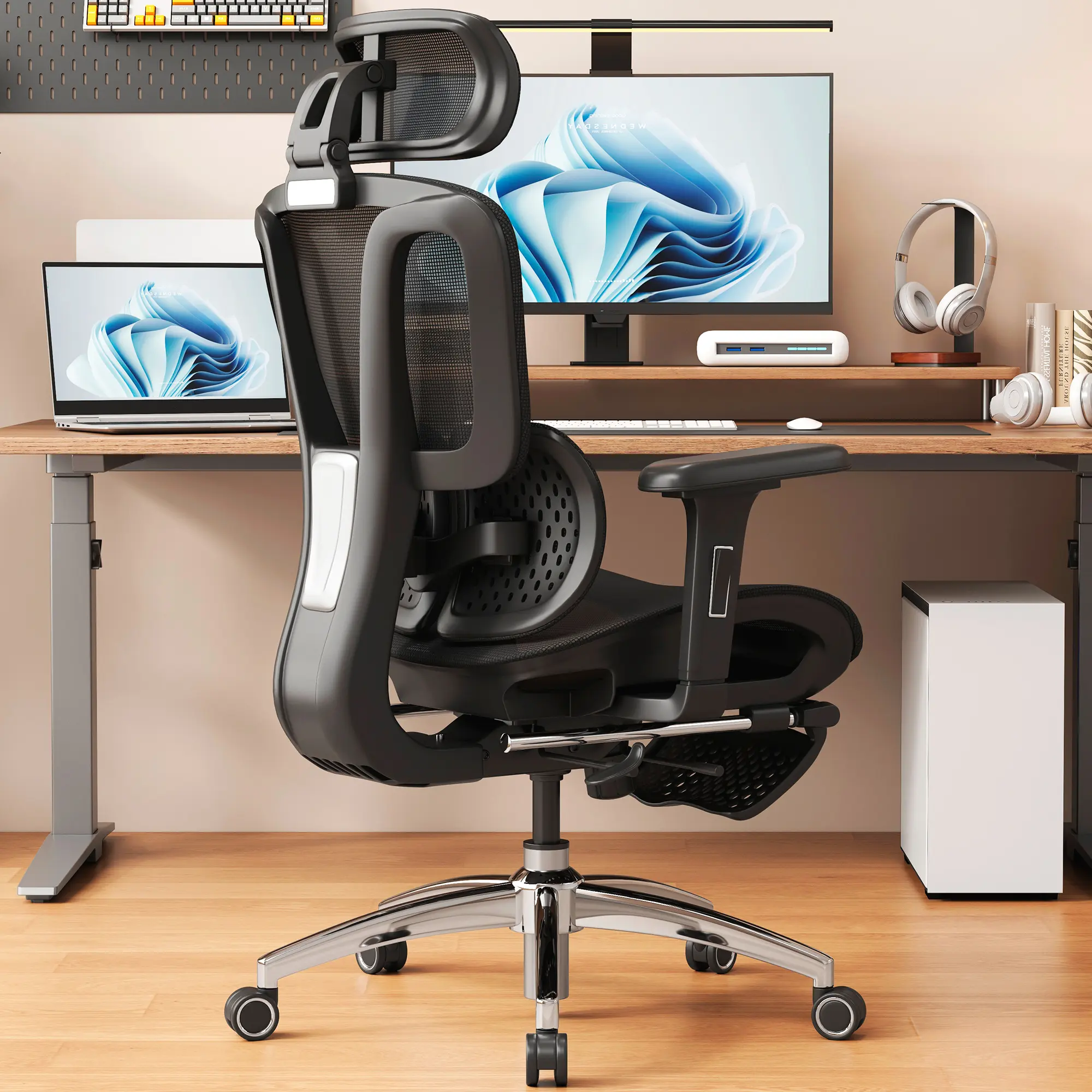 Vonesse High-Back Breathable Mesh Office Chair, with Adjustable 3D Headrest and Armrests, Suitable for Home and Gaming Scenarios, Ergonomic Office Chair with Footrest V956A