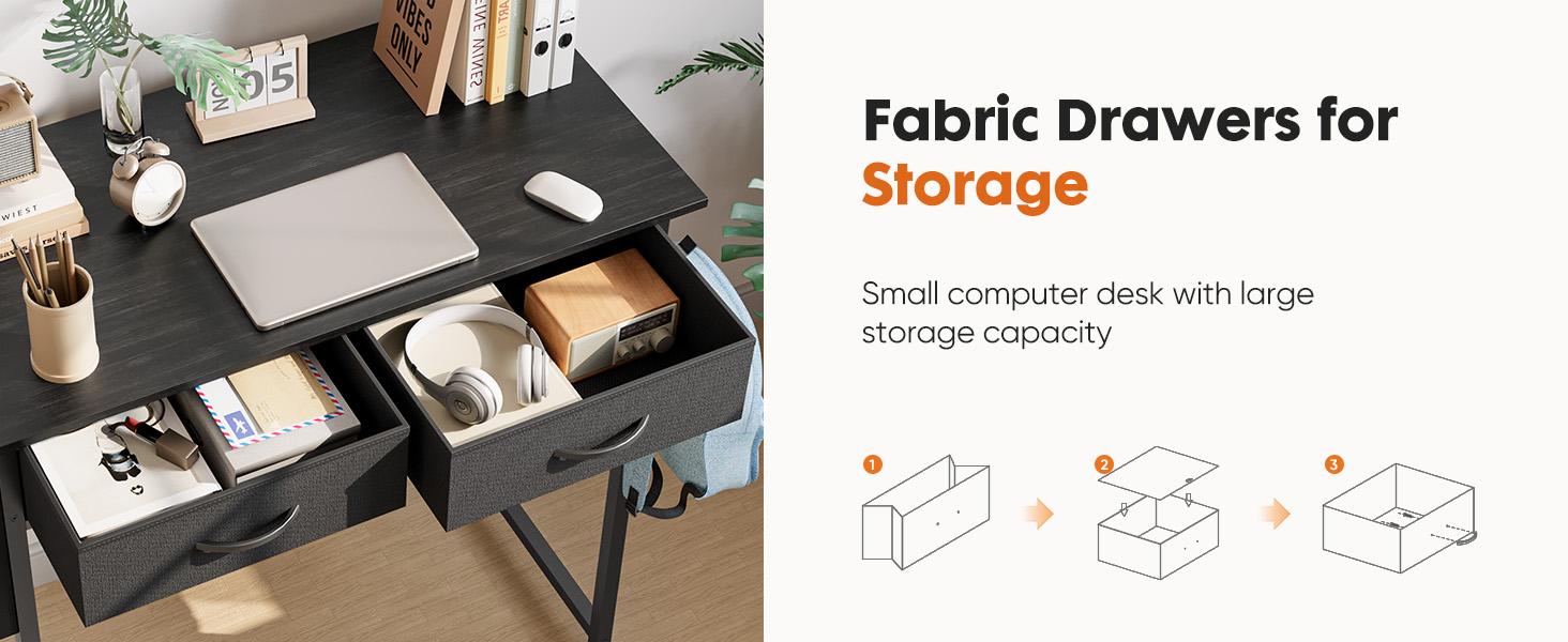 Furnest Computer Desk with Drawers Study Writing Table with Storage Bag Headphone Hook Adjustable Feet for Home Office Small Spaces
