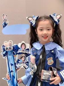 Kids Girls Bunny Ears Headband Cute Judy Hoppes Rabbit Police Officer Hair Accessories with Big Bow and Flowing Ribbon Tails