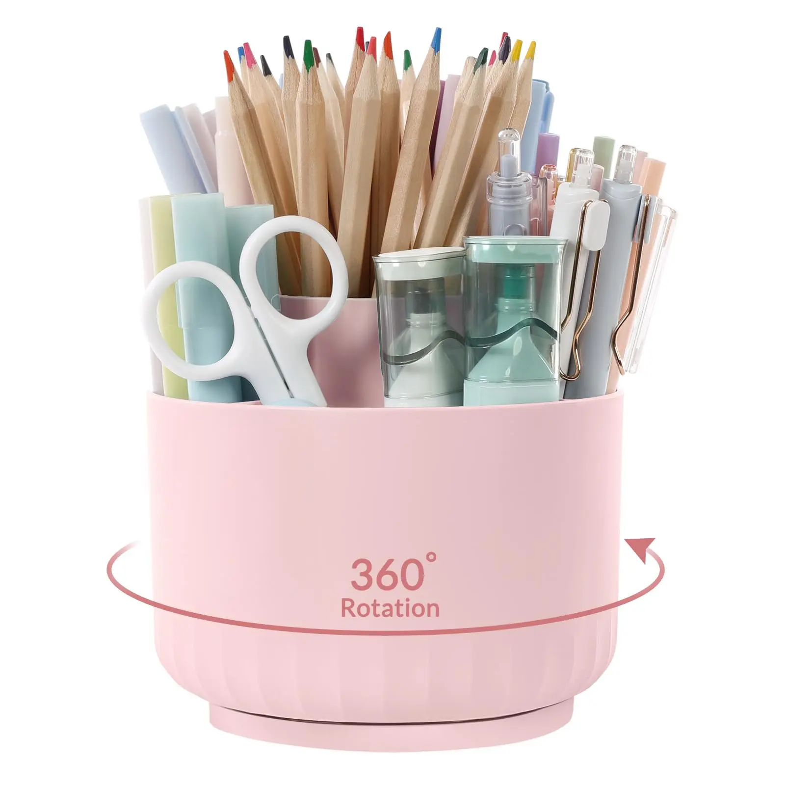 SKYDUE 360-Degree Rotating Desk Organizer with 5 Compartments Dual-Purpose Pencil Pen Holder for Office School Home Decorative Stickers Included
