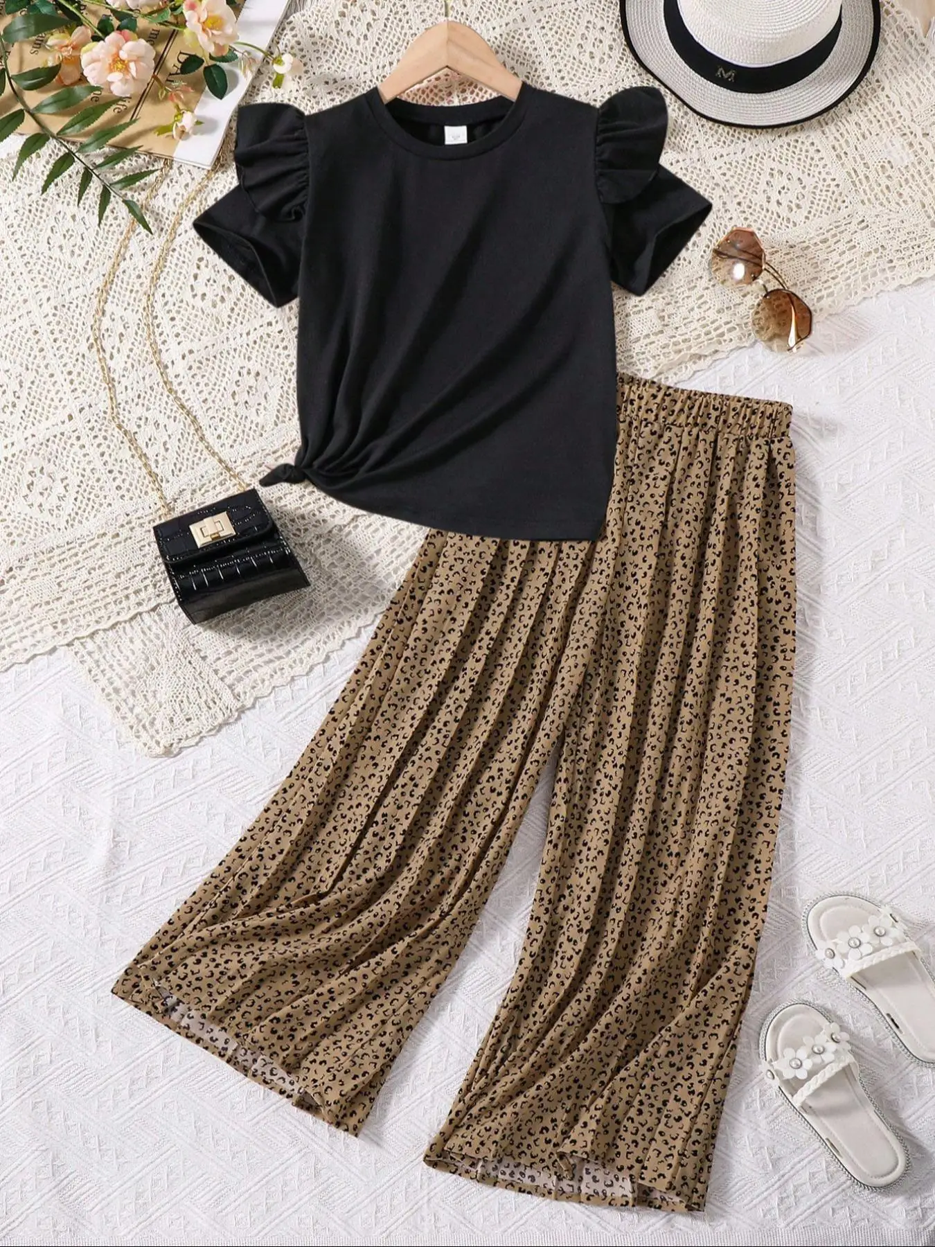 Girl's Butterfly Sleeve Tee & Elastic Waist Leopard Print Pants Two-piece Set, Casual Round Neck Short Sleeve T-shirt & Trousers for Daily Wear, Kids