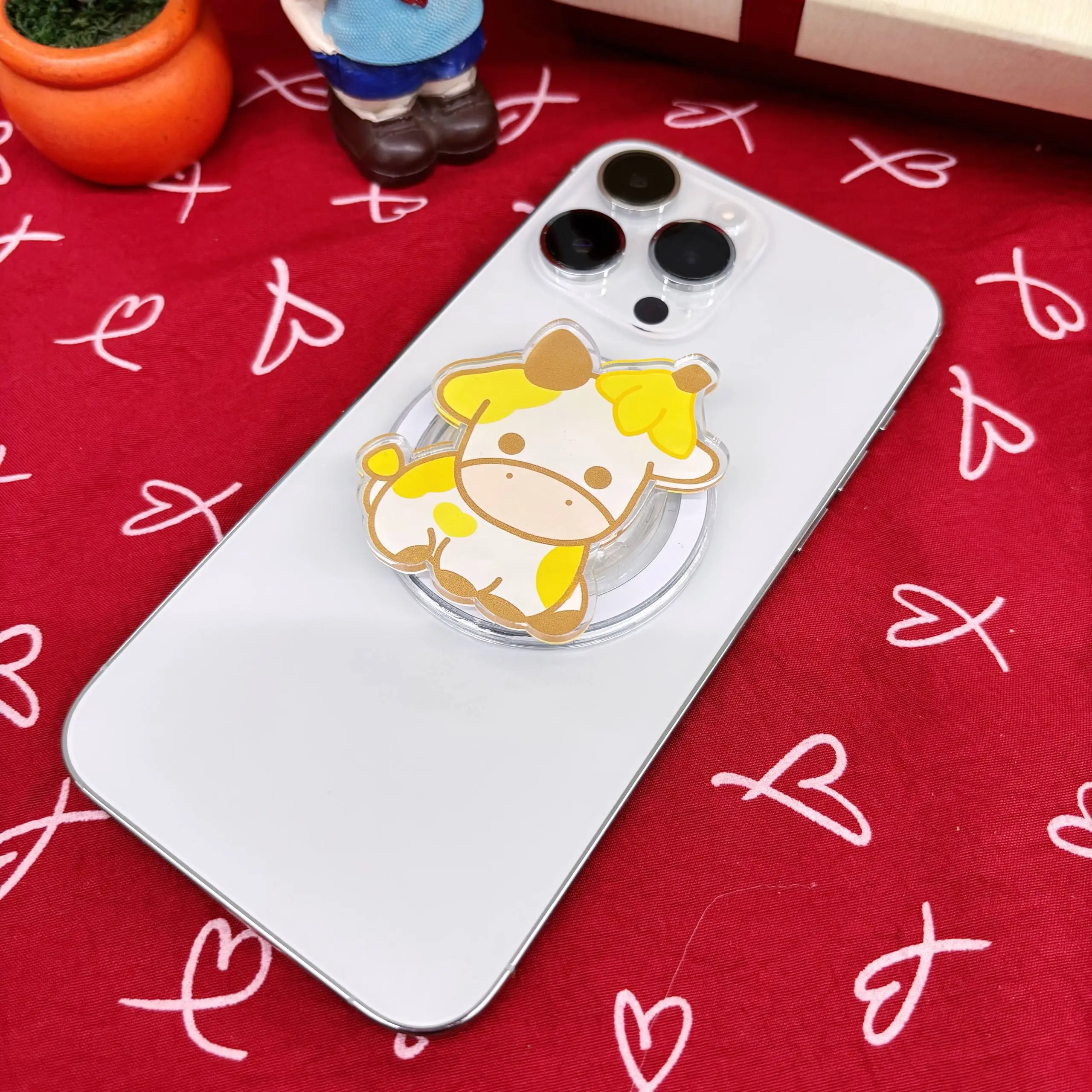 Cute Yellow Cow MagSafe Phone Grip Acrylic GripTok - Kawaii Farm Animal Cell Phone Stand Holder, Soft Girl Gift for Teens Adults