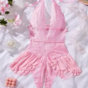 Women's Solid Color Lace Teddy Bodysuit, Sexy Breathable Push-Up Bodysuit for Daily Wear, Women's Lingerie for All Seasons