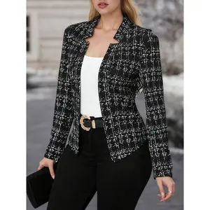 Elegant Women'S Plaid Blazer in a Beige-Brown Color Scheme, Featuring a Structured Collar Design Suitable for All Seasons. This Versatile Piece Is Perfect for Both Office And Party Settings
