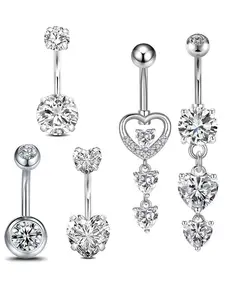 5 Pcs Stainless Steel Heart Zircon Belly Rings Belly Button Piercing, Hollow Double-Headed Rhinestone Pendant, Women's Daily Multi-Occasion Fashion Jewelry