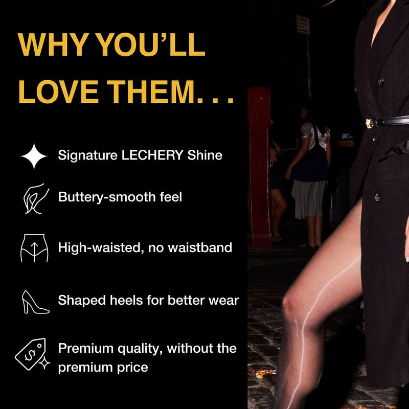LECHERY Lustrous Shiny Sheer Pantyhose – High-Shine Ultra-Sheer 20 Denier Nylon Blend, Seamless High-Waist Laser-Cut Design, Ladder-Resistant Knit