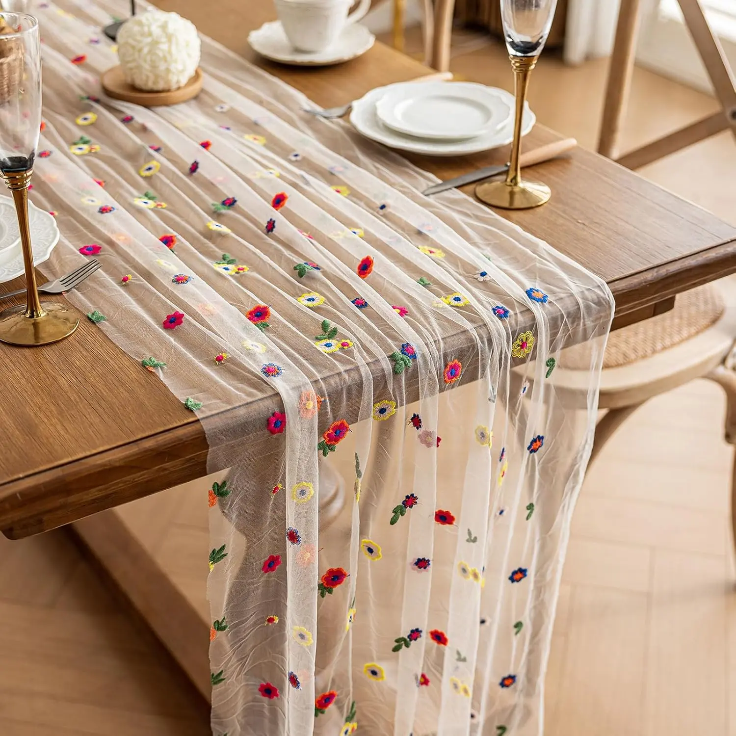 White Floral Table Runner 10FT, Embroidered Daisy Lace Sheer Chiffon Table Runner, Wildflower Tulle Table Decorations for Wedding, Bridal Shower,  Shower, Spring Party, Holiday Dining Table Decor