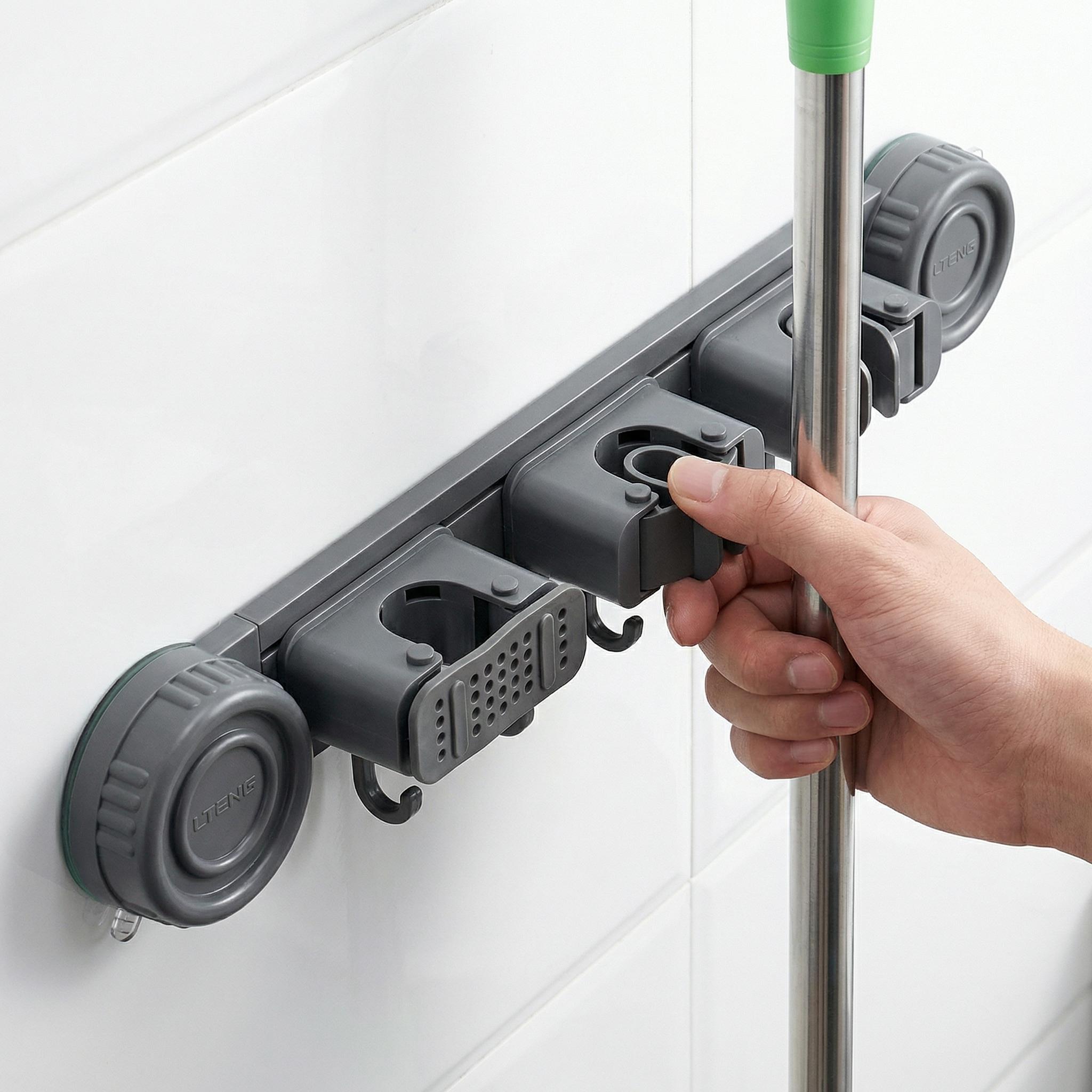 No Drill Suction Cup Mop Holder, Heavy Duty 10KG Space Aluminum Broom Organizer with Hooks, Wall Mounted Damage-Free Storage Rack for Bathroom Kitchen Laundry Room No Drill Suction Cup Mop Holder, Heavy Duty 10KG Space Aluminum Broom Organizer with Hooks, Wall Mounted Damage-Free Storage Rack for Bathroom Kitchen Laundry Room