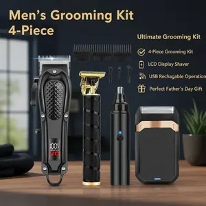 Men's Grooming Set 4pcs Metal Foil Shaver with LCD Display Hair Clipper Nose Trimmer USB Rechargeable Professional Trimmer Cordless Hair Clipper USB Rechargeable Beard Trimmer Men's Gift Father's Day Gift