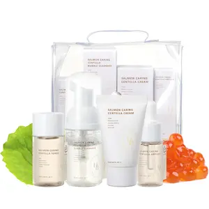 [HEVEBLUE] Salmon Caring Centella Special Travel Kit Bag -  Gentle yet effective cleansing to the skin, Skin oil-water balance to create a perfect makeup base, Reduce redness induced by skin irritation, Maintains a hydrated skin all day long