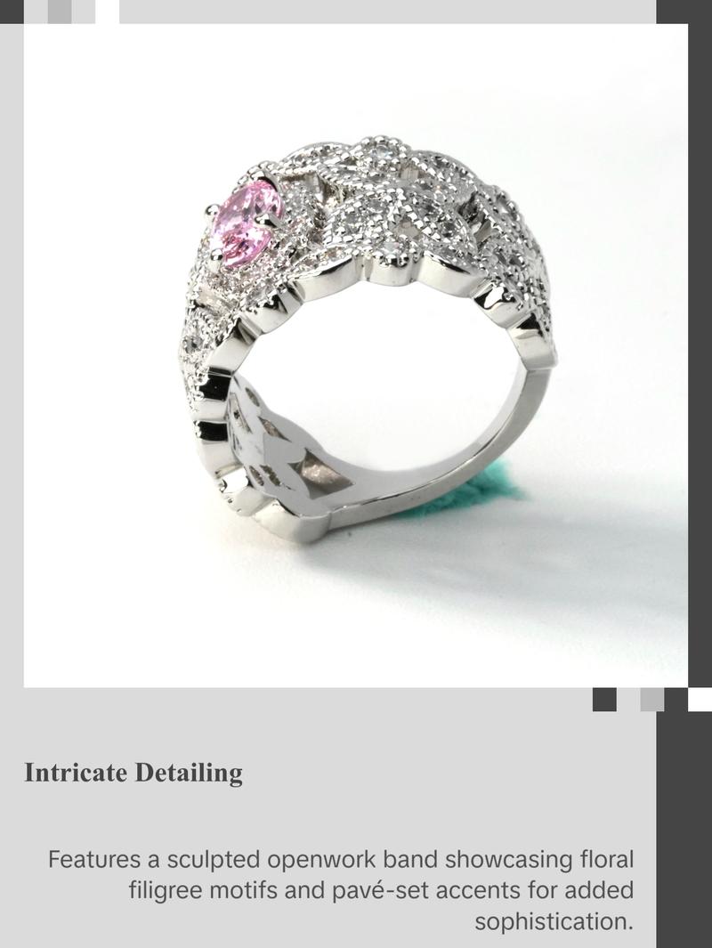 【Lab-Created】AMORETTO| Hearts & Arrows 10/10Aria Lace Ring - Fancy Pink High Carbon Diamond Band with Floral Filigree & Lab-Created Moissanite Stud Earring S925 Sterling Silver Moissanite Jewelry Perfect Birthday Mother’s Day Gift for Men Women