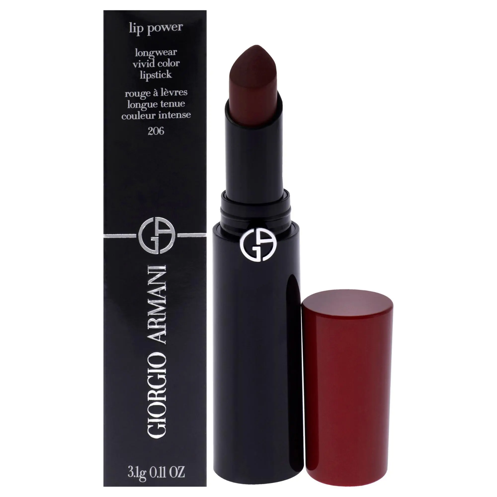 Giorgio Armani Lip Power Longwear Vivid Color Cosmetic Makeup Lipstick - 206 Cedar for Women - 0.11oz, Bold Look, Glossy