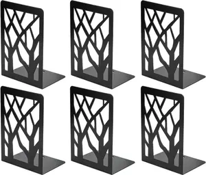 MaxGear Book Ends Tree Design Modern Bookends for Shelves, Non-Skid Bookend, Heavy Duty Metal Book Stopper for Books/CDs, Decorative Books Shelf for Home,7 x 4.7 x 3.5”, Black, 3 Pair/6 Pieces, Large