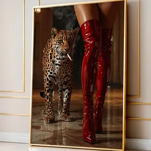 [Unframe] [Free ship] Red Boots Print, High Fashion Poster, Retro Leopard Poster, Hypebeast Aesthetics, Luxurious Wall Art, Cool Girl Photo, Chic Designer Poster (No Frame)