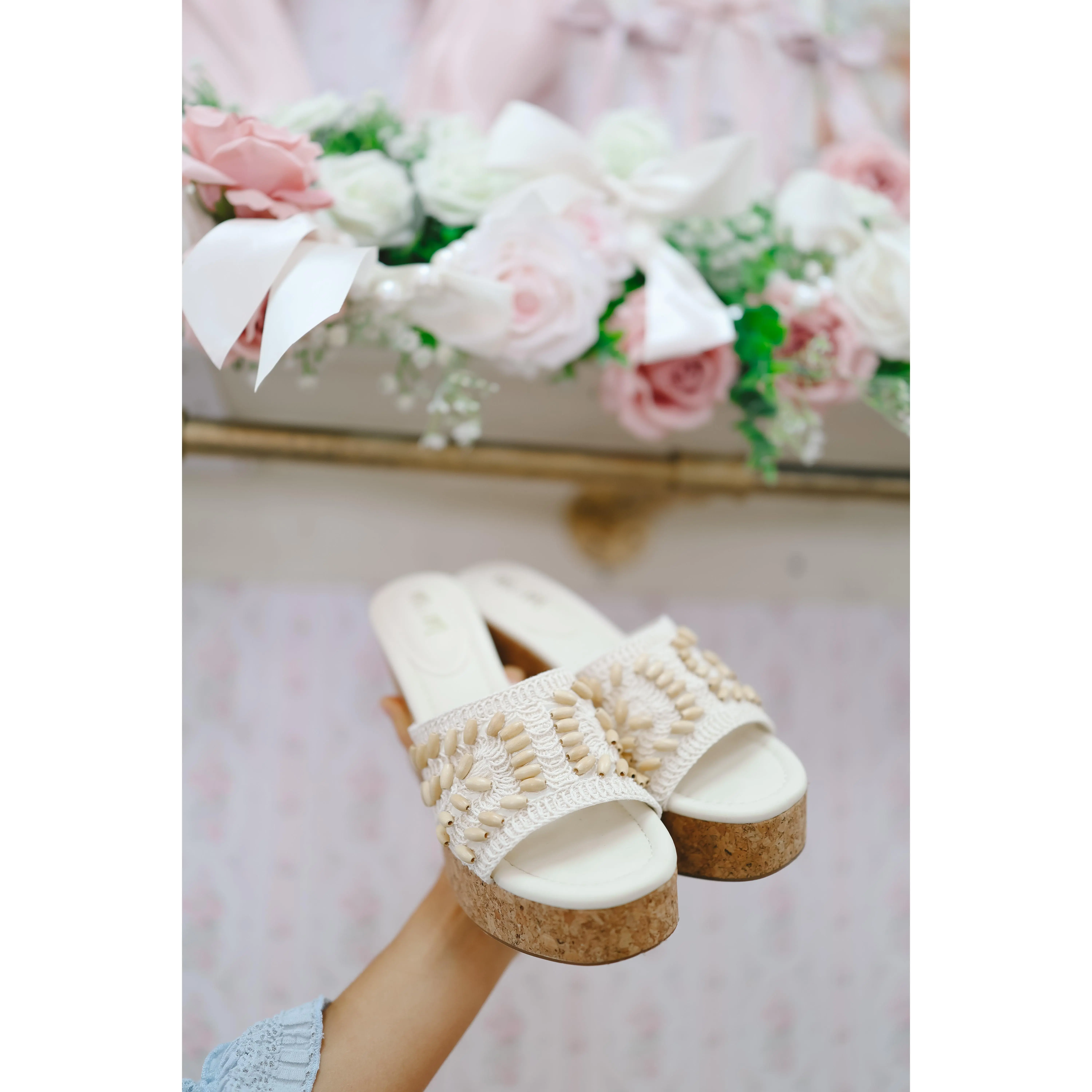 Marina Crochet Bead & Cork Platform Sandals - Ivory
