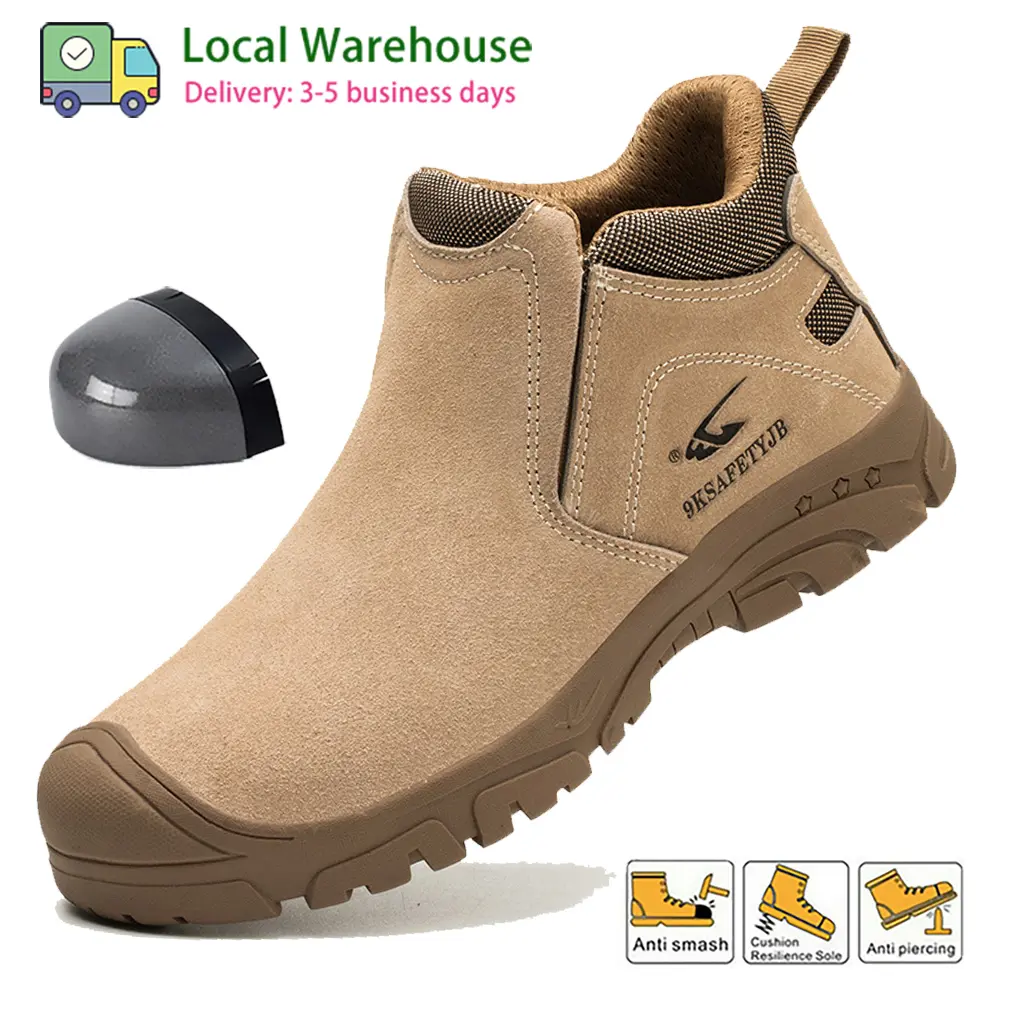 Men's Steel Toe Safety Shoes - Classic Slip-On Suede & Mesh Work Boots, Lightweight, Breathable, Anti-Slip, Comfortable Workwear for Construction