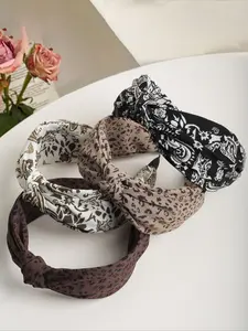 4pcs Vintage Elegant Floral Leopard Print Quality Fabric Hair Bows, Wide Knot Headbands for All Seasons, Casual Daily Wear and Party Use