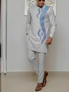 Muslim Men's 2-Piece Set African Boubou Long Sleeve Embroidered Ethnic Suit, Elegant Formal Wear for Festivals Weddings Parties Gifts