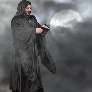 Wizard Robe with Hood and Sleeves, Halloween Party Costume for Adults, Velvet Lined in Satin Cosplay, Witch, 64" long