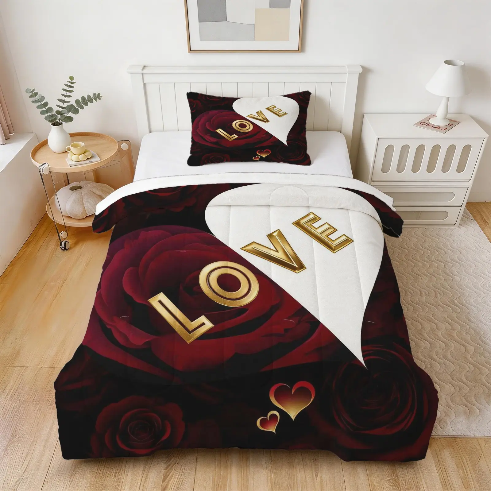 Romantic Rose Love Comforter Set, 2/3 Pieces, Valentine's Day Style Quilt, Soft Microfiber Fabric, Without Pillow Inserts, Suitable for Bedroom and Dorm Decoration, Ideal Romantic and Couple Gift Option