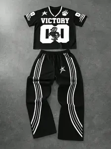 Men's Tiger Print Drop Shoulder Tee & Striped Print Trouser  Two-piece Set, Regular Fit Casual Fashion Cozy Breathable Two Piece Outfits for Daily Outdoor Wear, Men Clothes for All Seasons