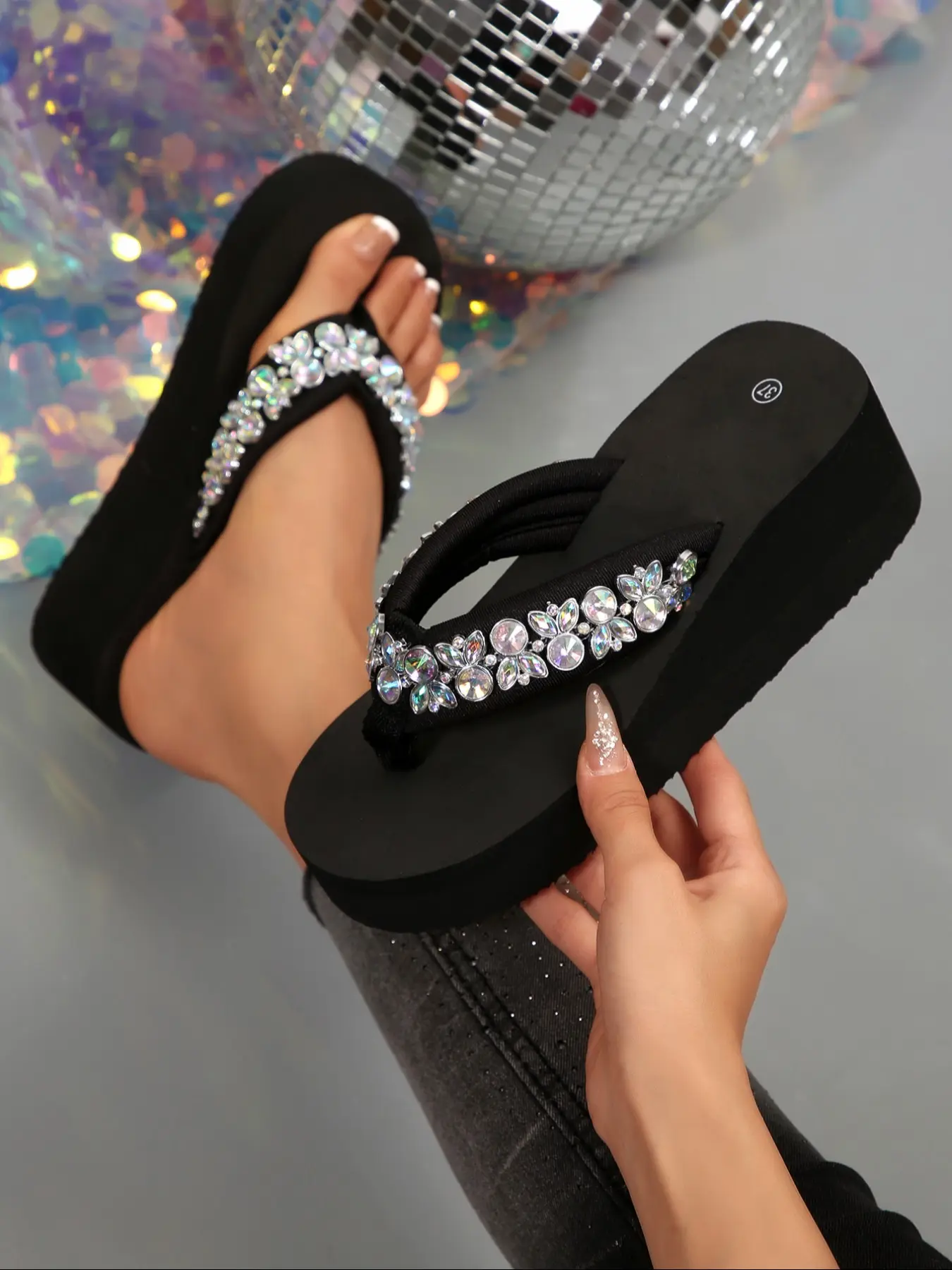 New Rhinestone Wedge Sandals Thick Sole Outerwear High-End Diamond Trendy Slip-On Elegant Floral Design Sandals Floral Pattern Textile Upper Eva Material Footwear Women Shoe Fashionable Heeled Sandals Eva Platform Sandals Elevated Sandals