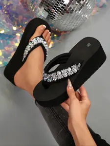 New Rhinestone Wedge Sandals Thick Sole Outerwear High-End Diamond Trendy Slip-On Elegant Floral Sandals Floral Pattern Textile Upper Eva Material Footwear Women Shoe Fashionable Heeled Sandals Eva Platform Sandals Elevated Sandals