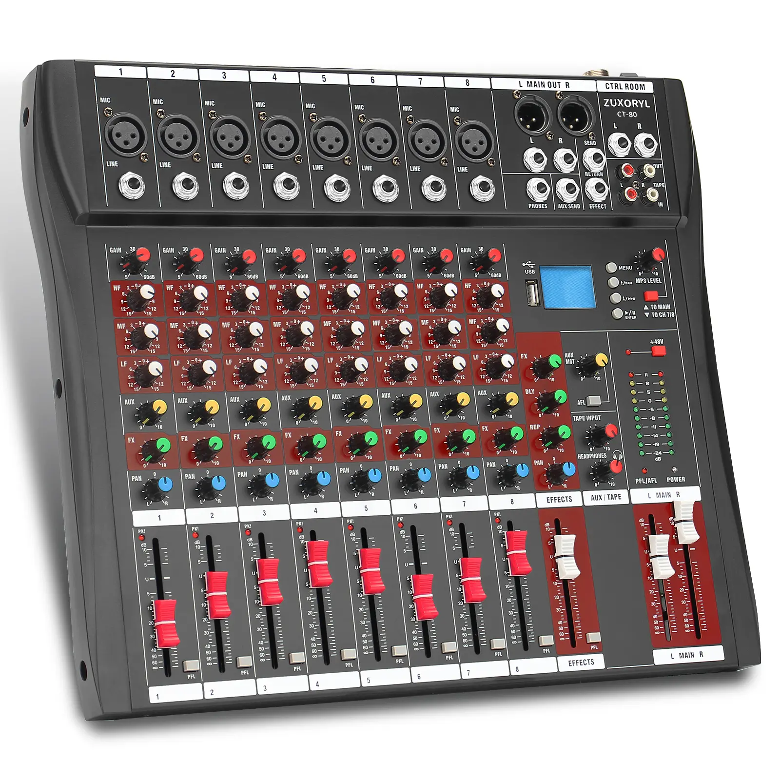 8-Channel Audio Mixer with 48V Phantom Power, Studio-Quality Reverb, Bluetooth & USB for Karaoke Live Stage Shows & Studio Recording