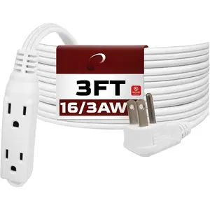 Flat Plug Extension Cord with 3 Outlets Extender, Indoor Extension Cord Power Strip, 16 Gauge 3FT White 3 Prong, 16/3 SPT-3 13A, UL Listed