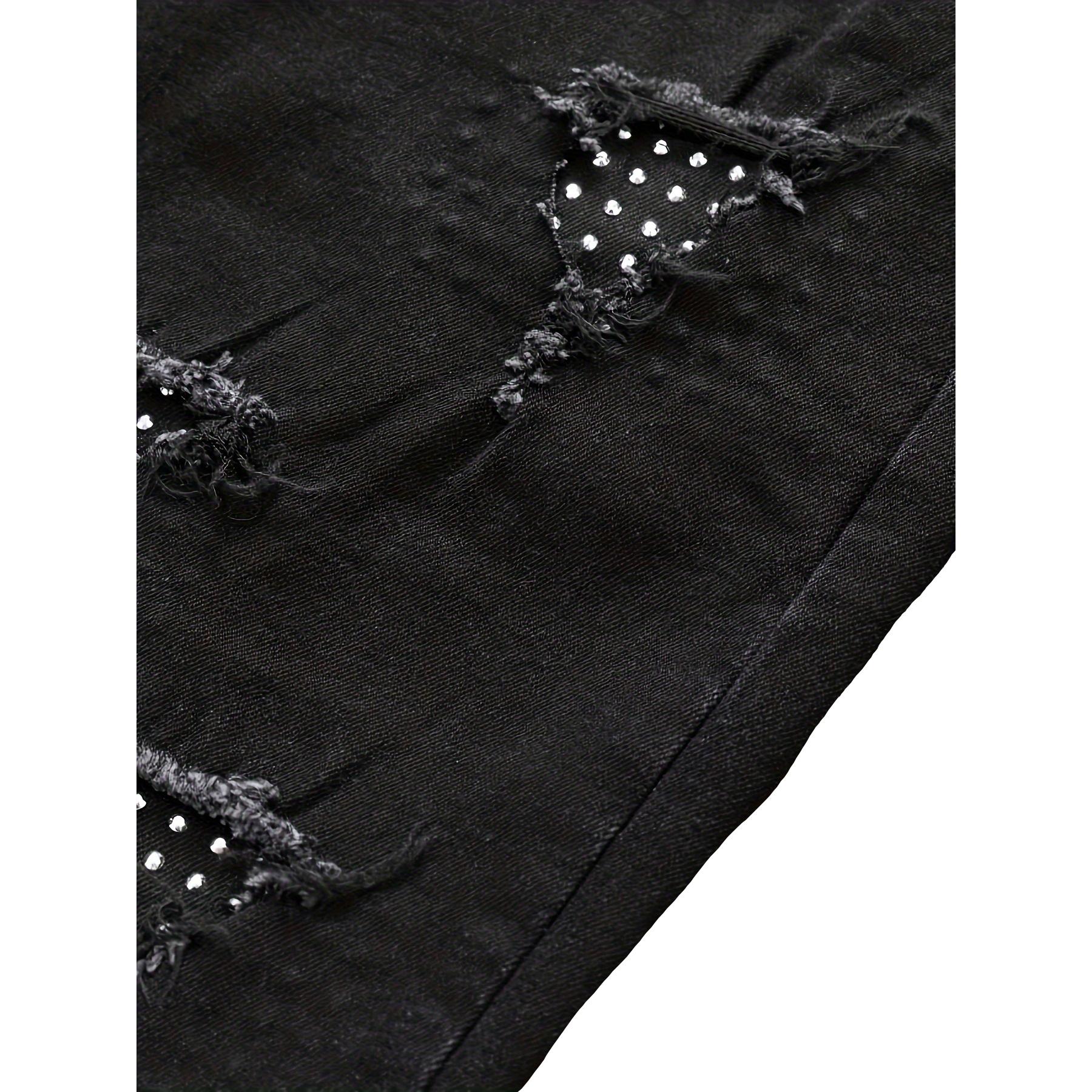 Men’s summer straight-leg black printed distressed ripped denim shorts — European/American fashion trend