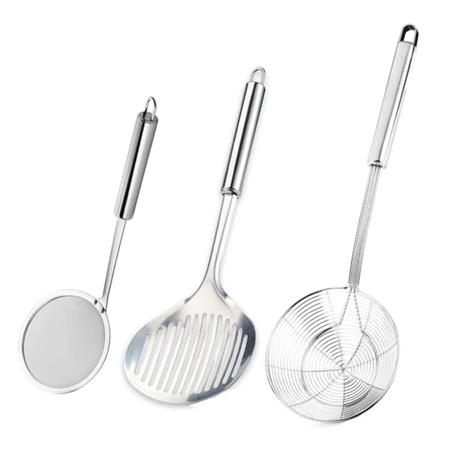 Solid Stainless Steel Spider Strainer Skimmer Ladle for Cooking and Frying, Kitchen Utensils Wire Strainer Pasta Strainer Spoon Hot Pot Fat Skimmer Spoon Set of 3
