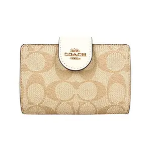COACH Corner Zip 13 Snap-Fold Leather Wallet For Women In Light Brown Monogram With White