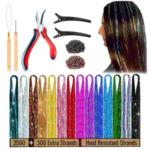 14 Colors | 3500 Strands | Heat Resistant Hair Tinsel Kit For Girls, Women & Kids | 48 Inch | One Wooden Threader & Crochet | One Plier | Two Hair Clips | Two Hundred Beads